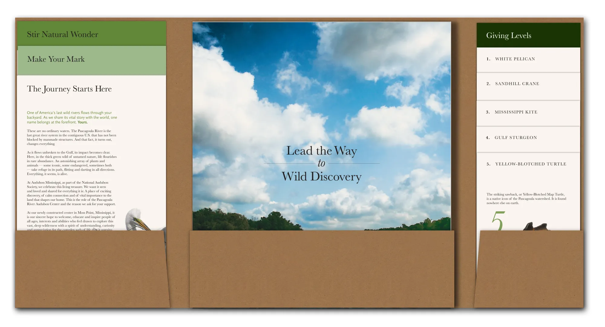 Brochures featuring copywriting by Jessica Russell Hilton for the Pascagoula River Audubon Center